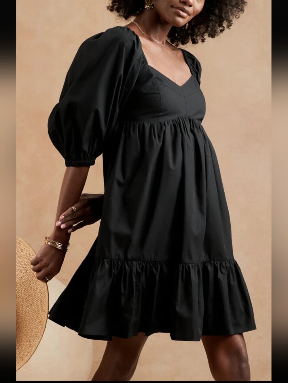Banana Republic Puff Sleeve Poplin Dress Size M Black Babydoll 100% Cotton